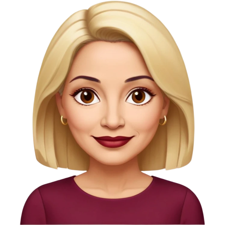 Puerto Rican actress Linette Torres in her 50s with warm light skin, mature elegant features, some fine lines, expressive eyes, well-defined eyebrows, straight nose, friendly smile, shoulder-length blonde hair, wearing a fashionable burgundy top emoji