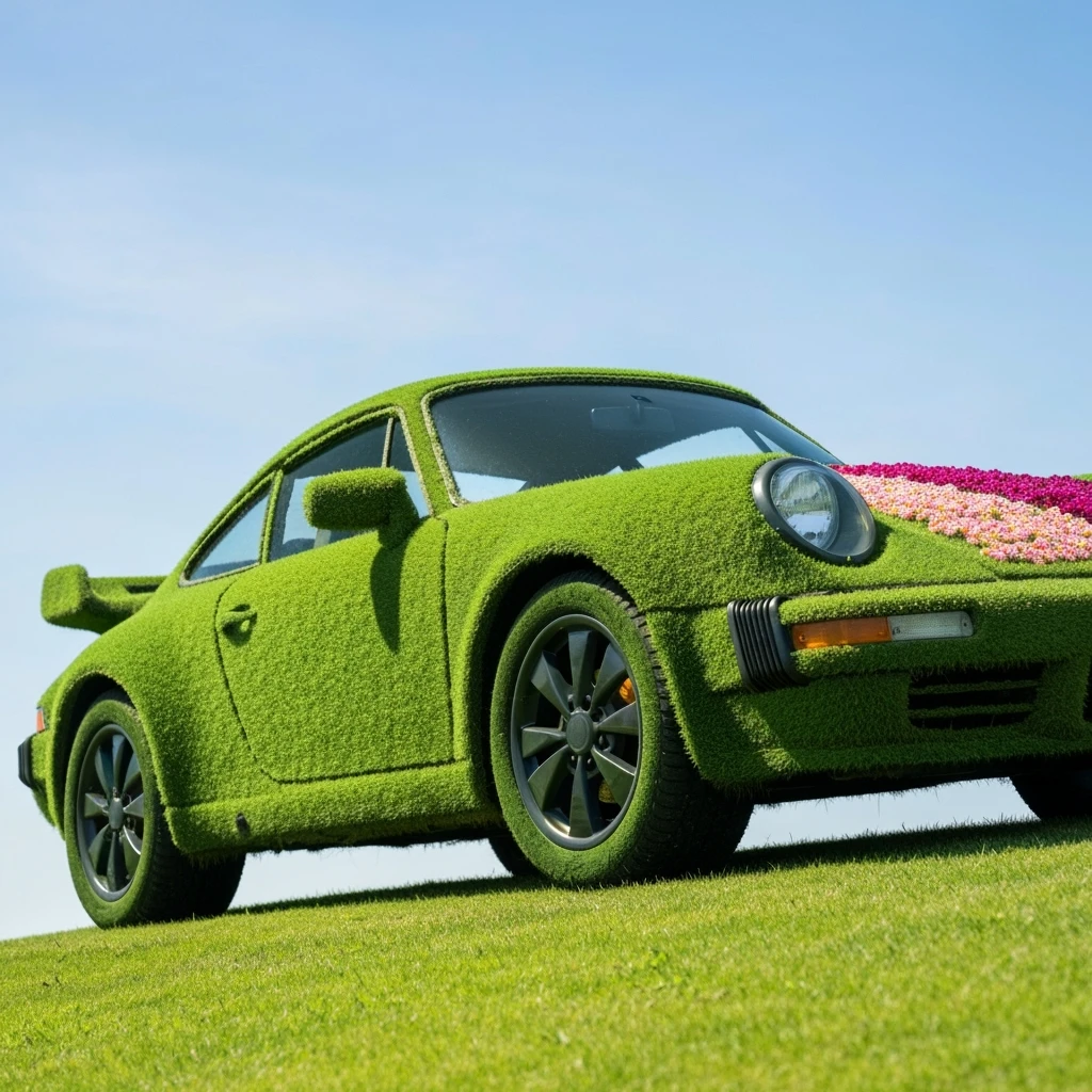 Closeup shot of a porsche 911, body of car made of grass and big colorfull flowers, green hill grass, blue clear sky, dutch angle, captured by ARRI 65 emoji