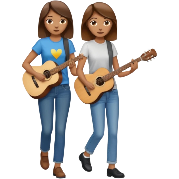based on emoji style, like this "💁🏻‍♀️" "💁🏽‍♂️" "💁🏻", two people walking together, one is brown-haired woman, wearing business casual, holding a guitar; another one is a non-binary person, wearing t shirt and jeans. they are walking together. emoji
