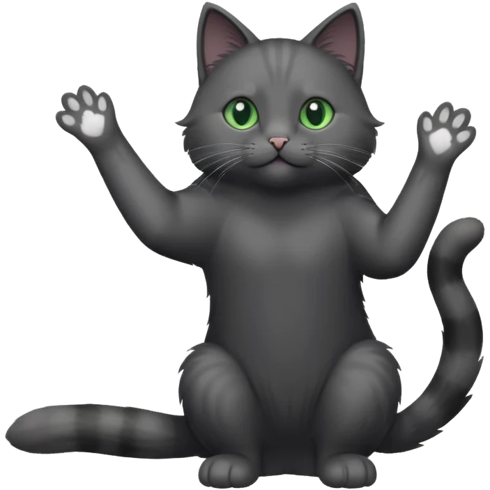 full body gorgeous solid dark grey cat with green eyes, white paws and white whiskers reaching for something emoji