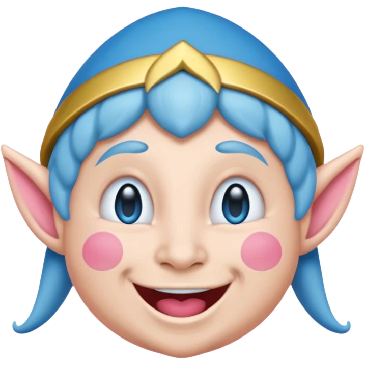 A blue emoji with fat pink cheeks and is smiling like a elf emoji