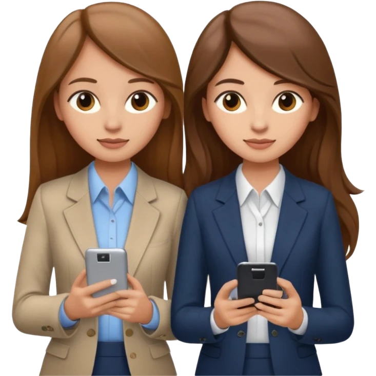 two brown haired girls, looking professional maybe leaned on each others back and looking forward and using phones, with long hair and one girl can hold lap top another one can hold the phone, professional clothes, more stylish emoji