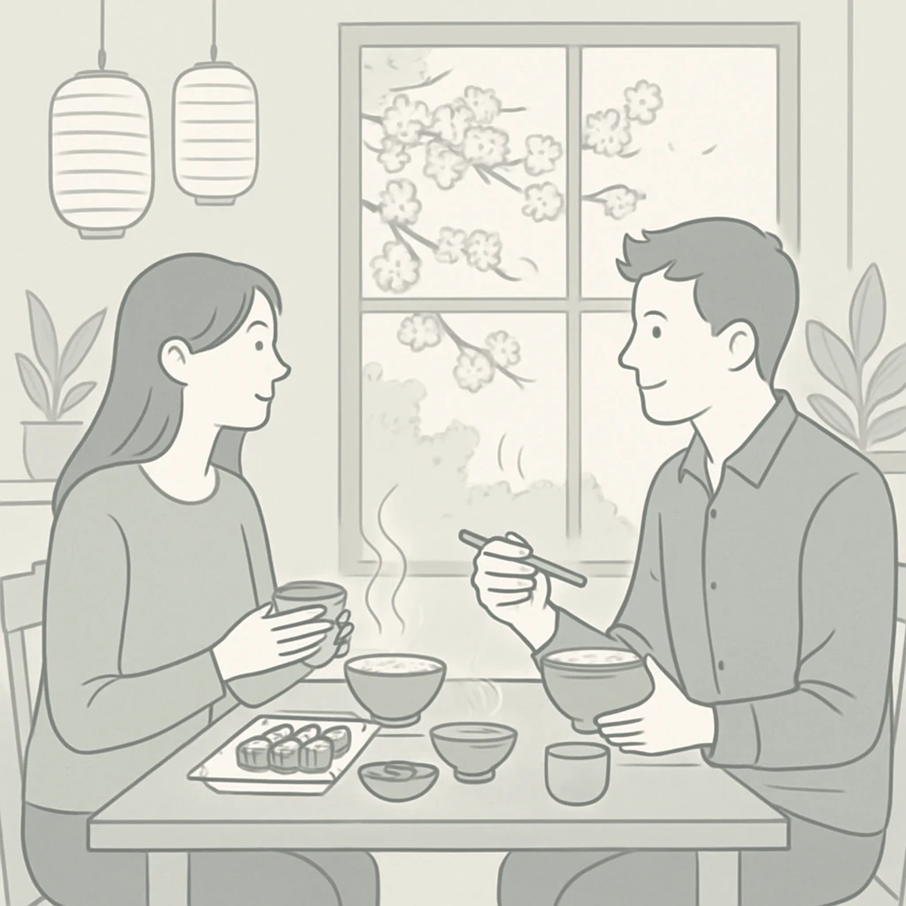 A man and woman sitting across from each other at a small wooden table in a cozy Japanese cafe. They are enjoying traditional Japanese food and tea. The cafe has minimalist decor with paper lanterns, plants, and a view of cherry blossoms outside the window. emoji