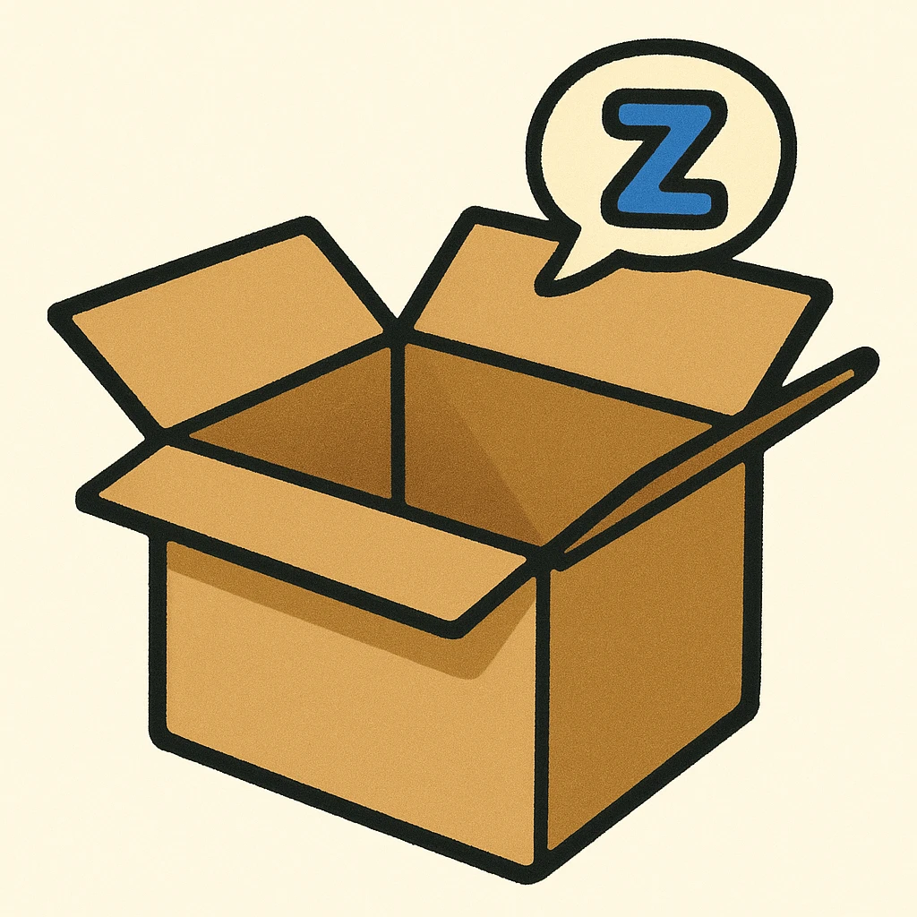 remix in classic apple emoji style this image of sleeping open empty box with a tiny zzz bubble emoji