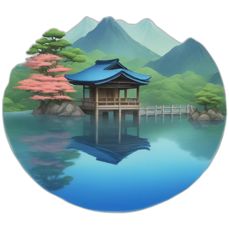 Small Japanese house with a blue tiled roof and a torii gate on an island a lake emoji