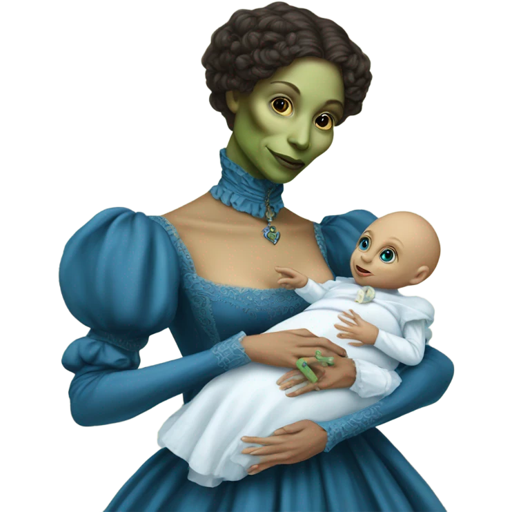  Reptilian alien woman , full body, in victorian blu elegant dress , holds a newborn white humman baby emoji