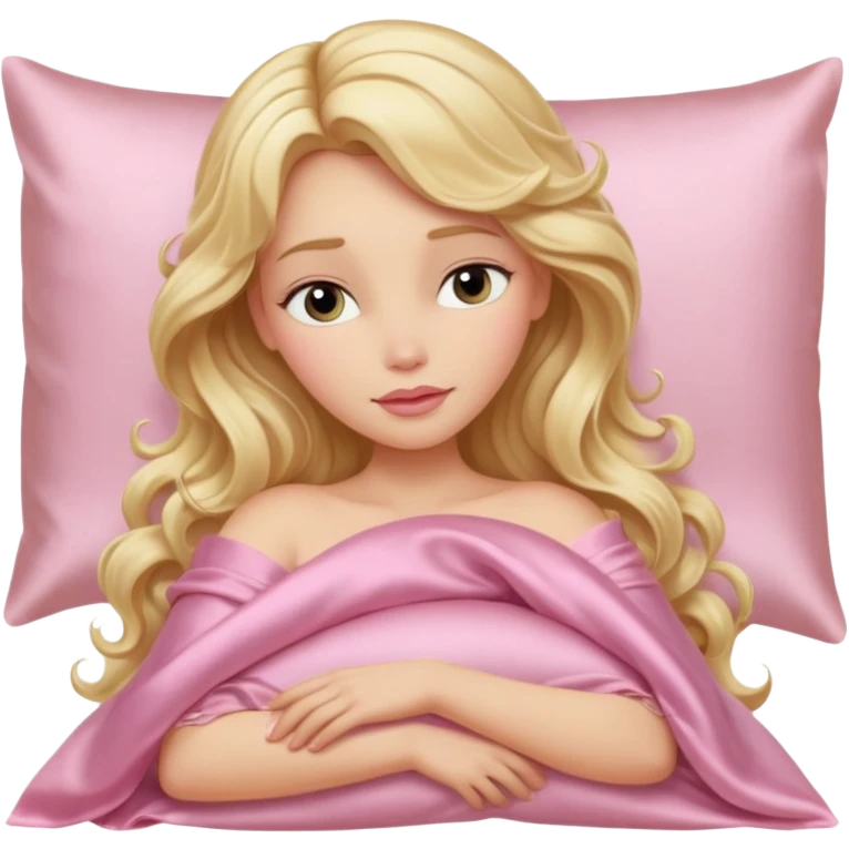 Sleeping beauty blonde wavy long hair with a silk pillow and soft pink silk sheet emoji