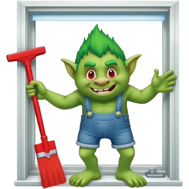Troll wearing jorts cleaning a window using red squeegee emoji