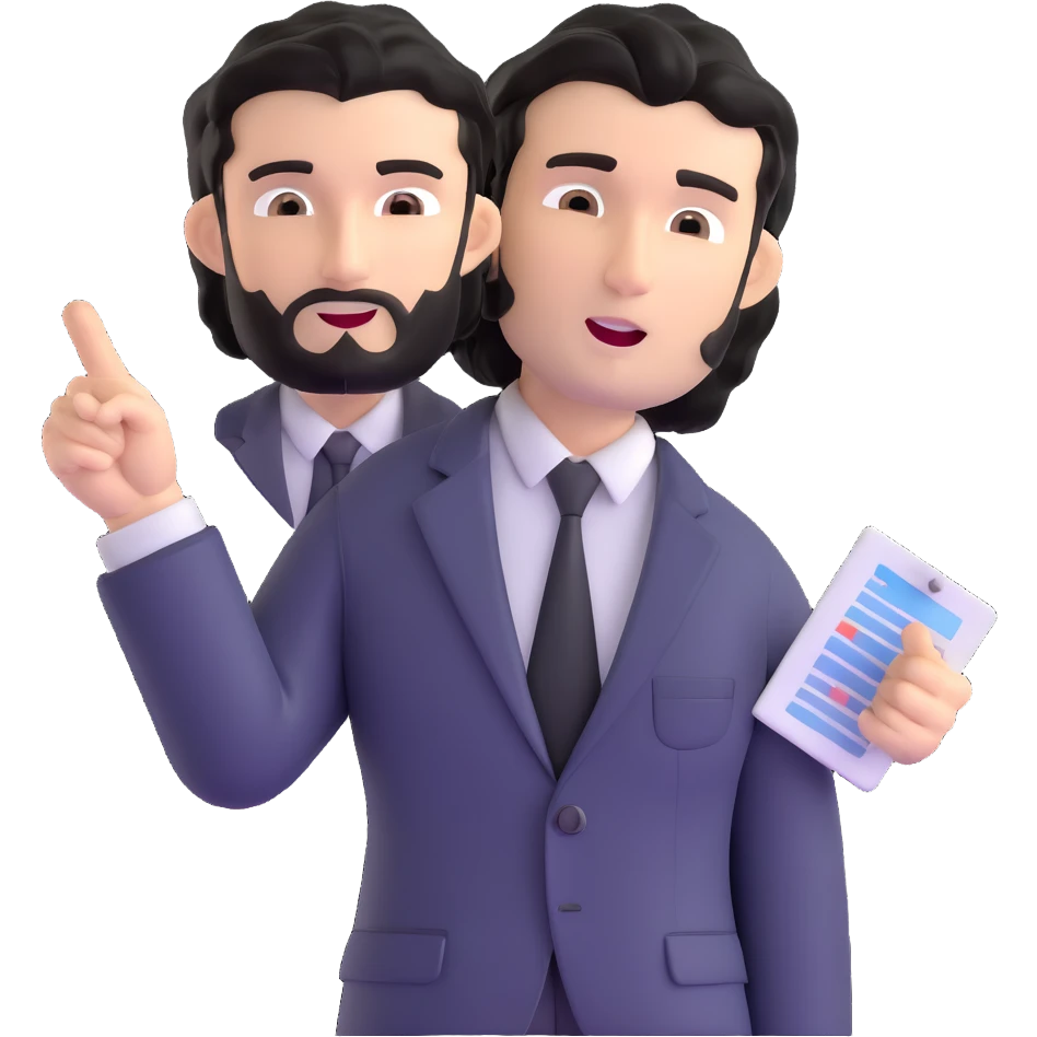 Business strategist man with black wavy hair, stubble, chiseled face, wearing blazer and button-up shirt, standing and pointing at charts while consulting with seated clients, confident leadership expression emoji