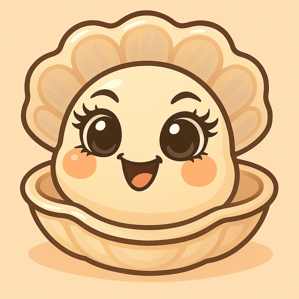 Enhance the eyes to be even more expressive, black, luminous with elegant lashes. Accentuate pastel, pearly, cream, peach, and greige nuances more. Keep the large shell and small oyster. Maintain the pastel toon style, background, and mischievous expression. emoji