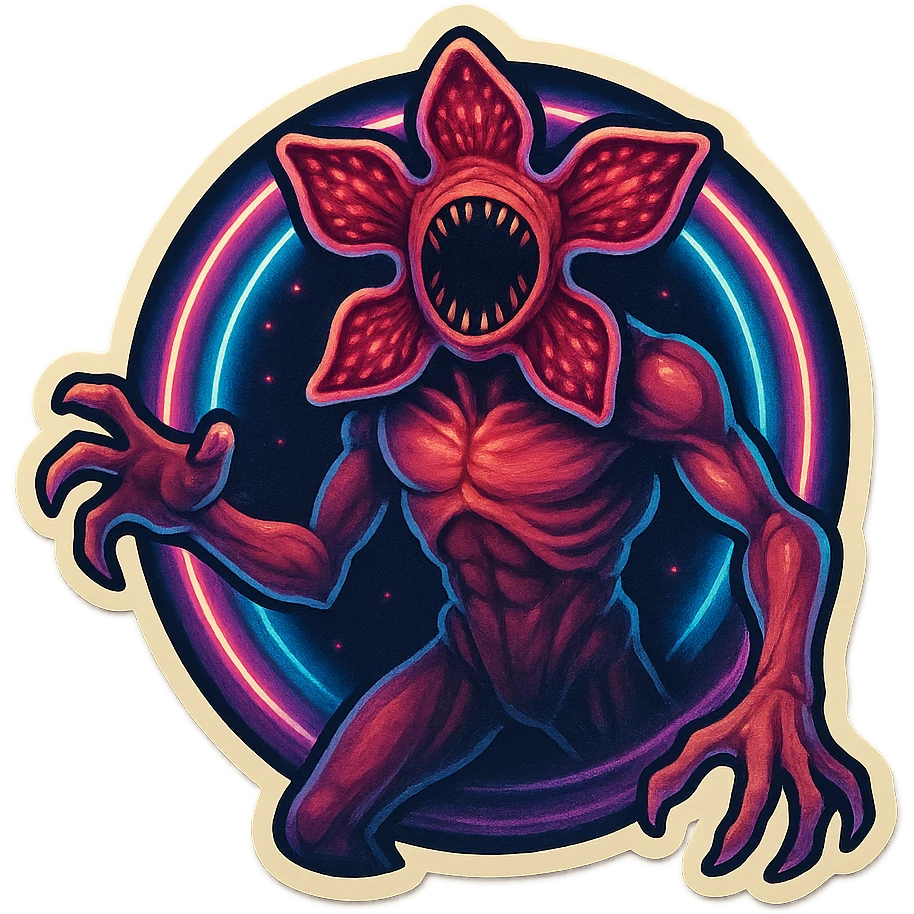 Demogorgon emerging from a portal with neon lights, 80s retro neon style, inspired by Stranger Things series emoji