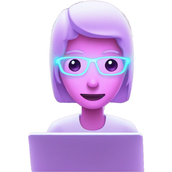 A person looking at a computer with neon-like fluorescent light shining on their face. emoji