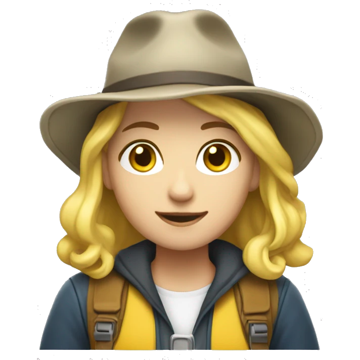 A female college student with white skin and shoulder-length yellow hair wearing an explorer hat. emoji