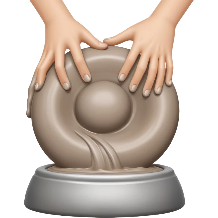 one hand hugging on the right side of a blob of clay on a silver pottery wheel emoji