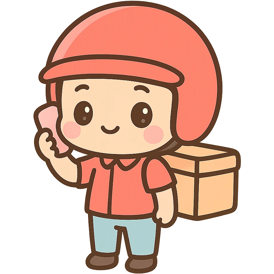 food delivery man in red, wearing red helmet, on the phone, kawaii chibi anime style, flat pastel colors, thick outlines, simple cute features, full body emoji