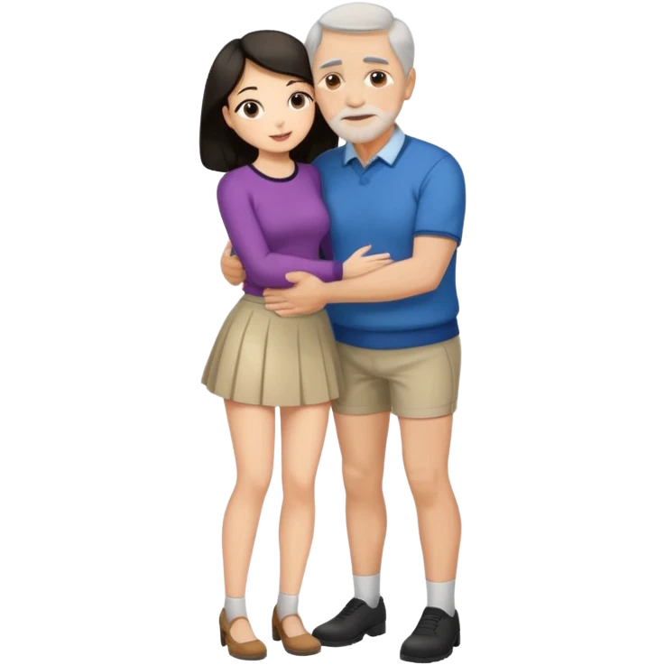 older man with dark hair on knees, facing dark haired woman in a micro mini skirt, hugging her waist emoji