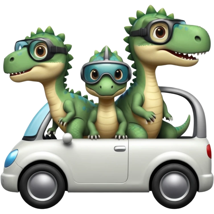 Tres dinosaurios bebés grises cada uno subido en un carro tecnológico blanco con lentes de realidad virtual emoji