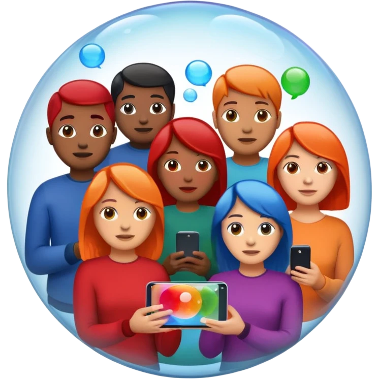 A group of people inside a separate colorful transparent bubble (blue, red, green, orange). They are each holding a smartphone or laptop. the bubbles are slightly overlapping, creating a modern and minimalist look. Realistic emoji style. emoji