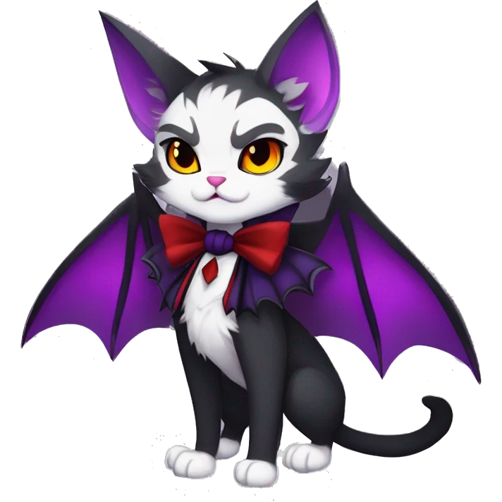 Anthro-Cute-Edgy-Vampiric-Batty-Cat-Black-Purple-Red-Grey-White-Yellow-Contrast-Colors-Fantasy-Fur-Sona-Chibi-Shiny-Fakémon-Hybrid with horns and big fangs collar bow ties leg spats full body emoji