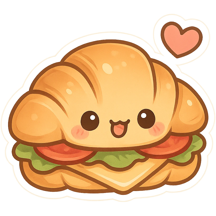 chibi sticker-style croissant sandwich with a heart accent, cute and exaggerated emoji
