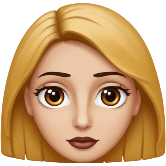 Rostro de forma ovalada con facciones delicadas. Ojos grandes y expresivos de color café oscuro, con pestañas largas y definidas. Cejas oscuras, pobladas y bien formadas color de piel trigeña y cabello largo emoji