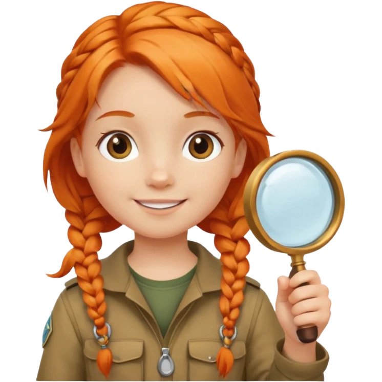 braid orange haired girl kid in explorer outfit, holding magnifying glass emoji