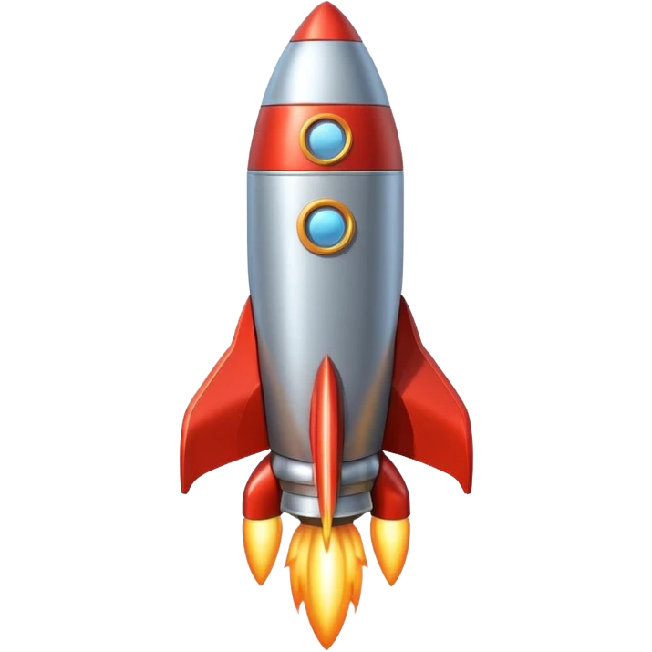 rocket spaceship object icon, retro rocket shape, shiny metal, big thrusters, 3D cartoon, mobile game icon style, centered, clean background, no text, no watermark
 emoji