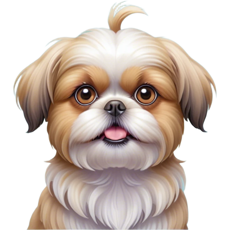 Cinematic Comical Shih Tzu Portrait Emoji, Head cocked with a hilariously exaggerated, shocked expression and twinkling, comically wide eyes, showcasing a fluffy, luxurious fur in soft pastel tones, simplified yet whimsically detailed, glowing with a playful, sassy radiance, high shine, exuding a humorous and cheeky charm, styled with a soft glowing outline, capturing the essence of a Shih Tzu that looks as if it could burst into a fit of playful antics at any moment! emoji