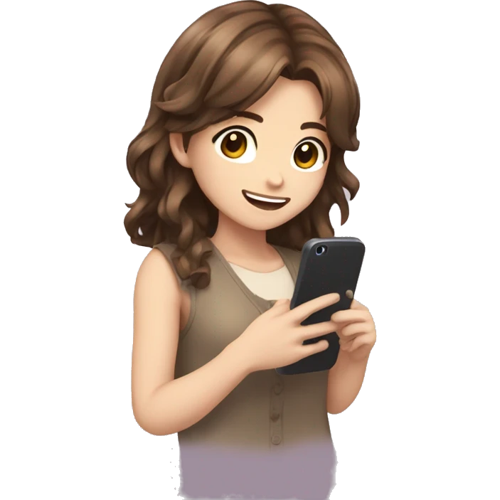 anime girl, brown hair, holding phone, smiling emoji