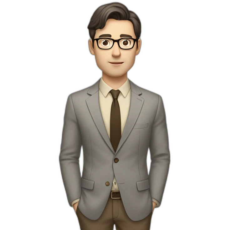 Full height Pale skinned Fit Man With dark brown hair in gray jacket, beige office shirt, tie, Brown pants and vintage glasses. Thrumbs of his palms directed up emoji
