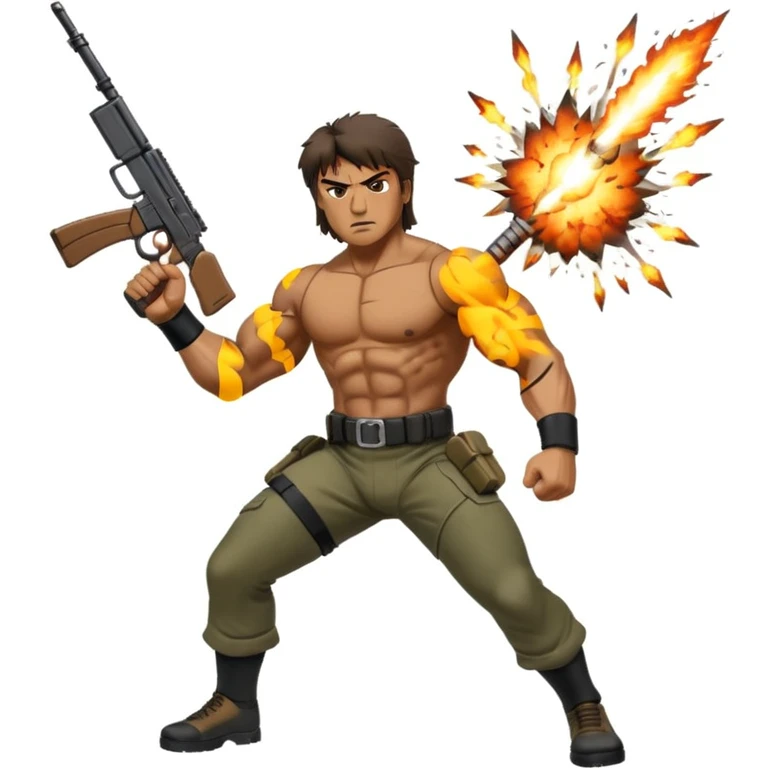 Icon for Action Movies: Rambo in the lead role, in an intense action pose with weapons, explosions, and dramatic background. The design should evoke the classic action movie feel with muscle-bound heroes and high-energy sequences. Transparent background. emoji