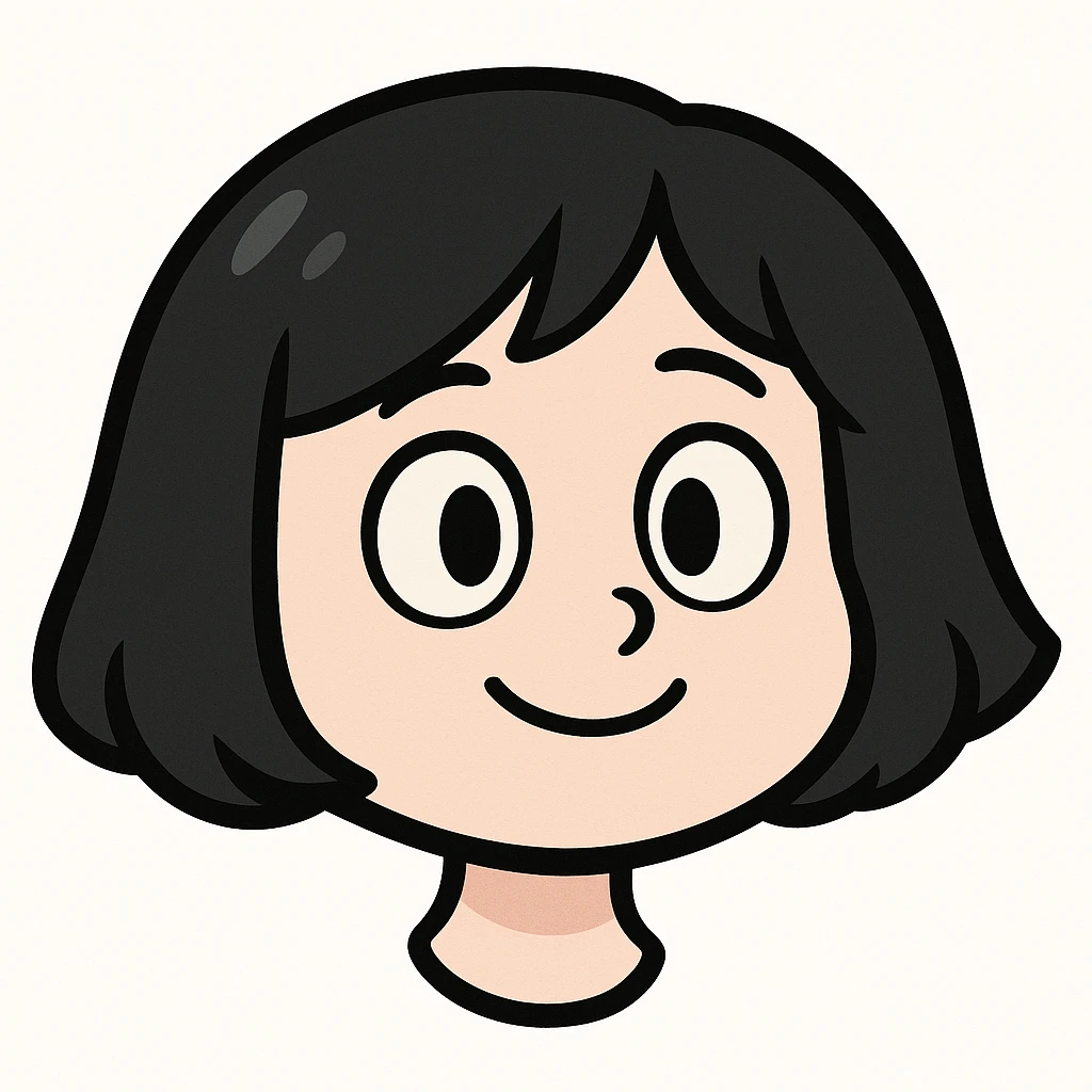very cute young girl with pale skin, black bob haircut, simple cartoon features, big eyes, simple smile, minimal details, Telegram sticker style, head only without neck, white background emoji