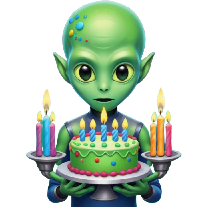 A detailed alien holding a colorful birthday cake with lit candles, standing inside a futuristic spaceship, cinematic lighting, ultra realistic textures, high resolution, dramatic shadows, sci-fi atmosphere
 emoji