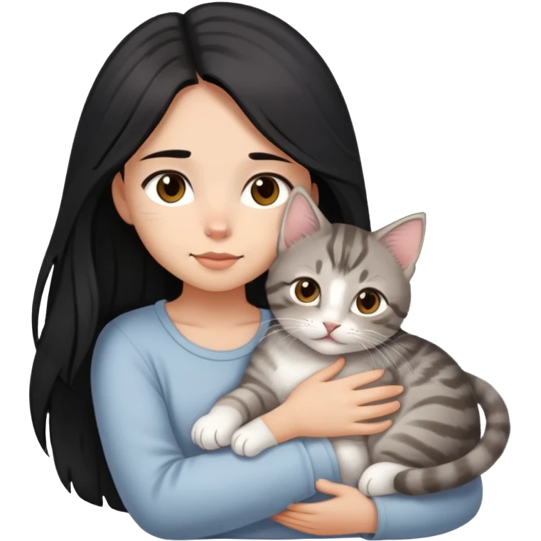girl with black long hair, light-medium skin, brown eyes snuggling light grey tabby kitten emoji