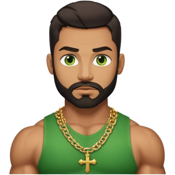 green eyes, dark short hair, muscular shoulders, wide cross, gold chain, big lips big nose big eyes, masculine good looking, dark beard emoji