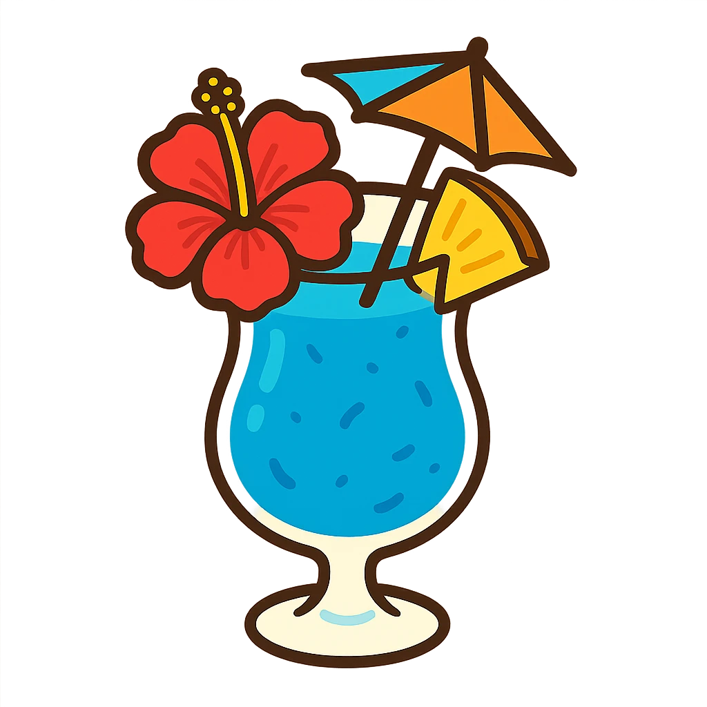 blue tropical cocktail with hibiscus, pineapple, and paper umbrella garnishes, vibrant flat toon style emoji