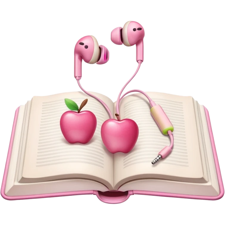  pink Pink Apple-style earbuds lying on an open book, soft pastel tones, cozy and minimal aesthetic, realistic lighting and shadows, top-down view, transparent background" emoji