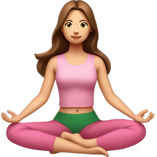 A girl with brown long hair, fair skin and green eyes is meditating in a relaxed lotus position in a comfortable pink top and pink leggings emoji
