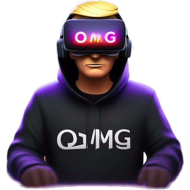 Donald Trump wearing a black hoodie with "OMG" letters on it and VR headset oculus quest 2 in a cyberpunk VR environment with violet neon lighting. emoji