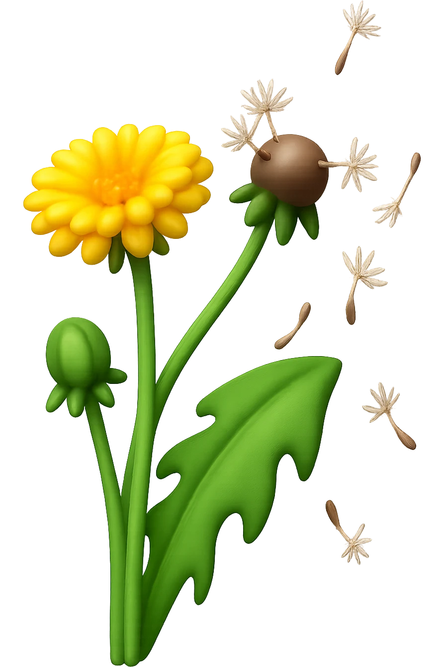 Create a 3D illustration of a dandelion with fluffy seeds flying in the wind, featuring a volumetric yellow flower and green leaf, in the style of iOS Apple emoji. The background should be transparent. The style should mimic the detailed, smooth, and vibrant look of Apple emojis with a 3D effect. emoji