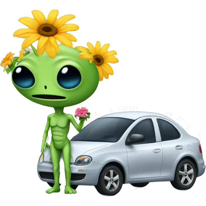 Alien with car and flower emoji
