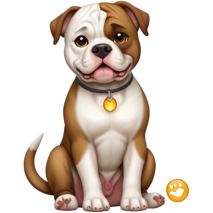 cinematic-[american bulldog]-realistic-full-body-sitting-emoji,-tail-resting-loosely-beside-its-paws,-head-tilted-dramatically,-sleek-[brown]-fur,-simplified-yet-realistic-focused-features,-highly-detailed,-glowing-with-an-almost-sarcastic-glow emoji