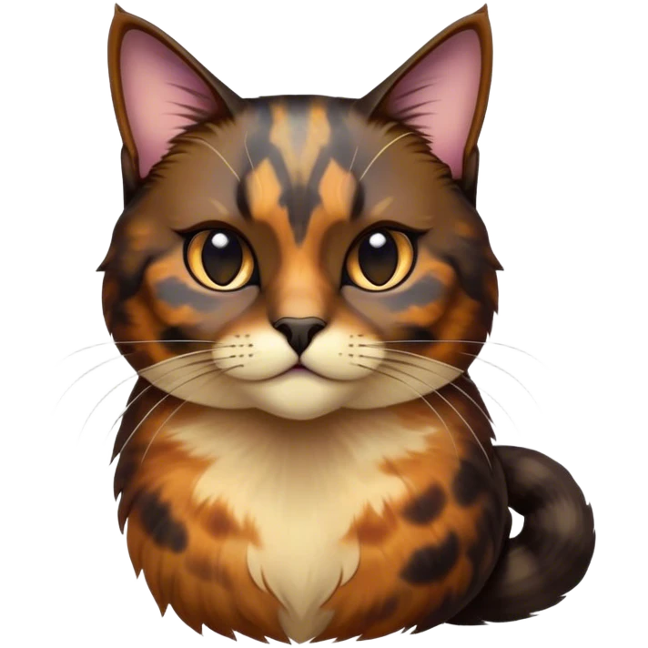 Cinematic Noble Tortoiseshell Cat Portrait Emoji, Poised and dignified, showcasing a luxurious, mottled fur of rich browns and blacks, with elegantly arched whiskers and a determined yet gentle expression, simplified yet meticulously detailed, glowing with a subtle, regal radiance, high shine, embodying quiet nobility and refined charm, soft glowing outline, capturing the essence of a sophisticated tortoiseshell cat exuding quiet authority! emoji