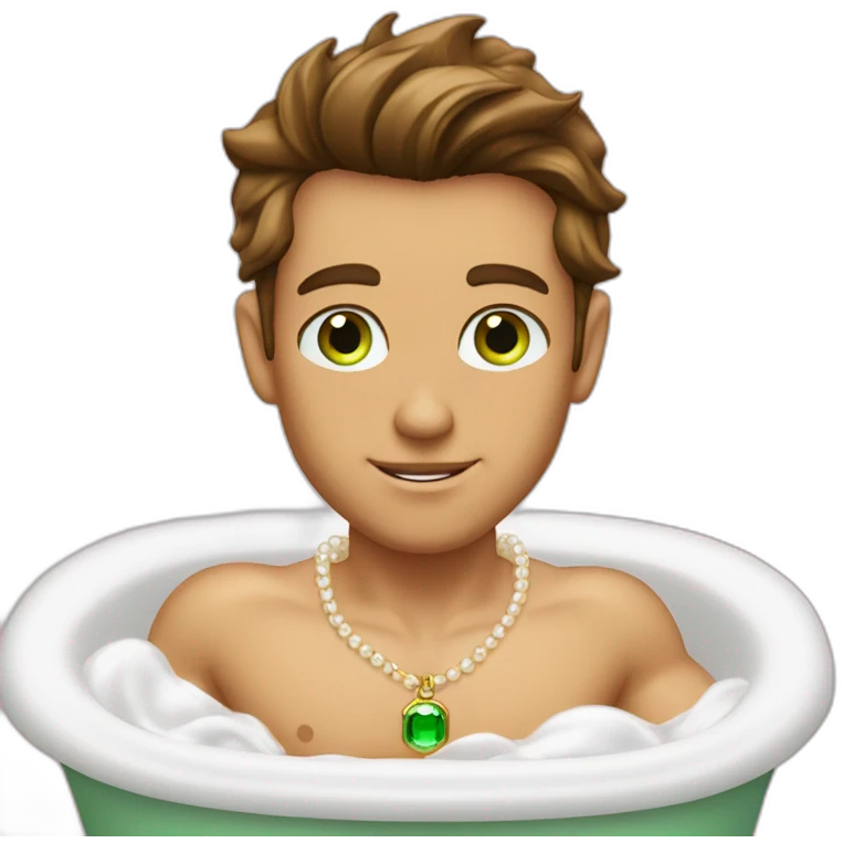 Posh-muscle-boy-brown-hair-green-eyes-pearl-necklace-in-golden-bathtub emoji