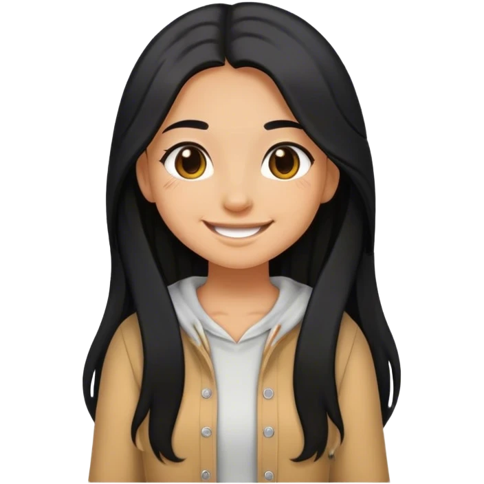Tan girl with black long hair kisses smiles and cute outfit emoji