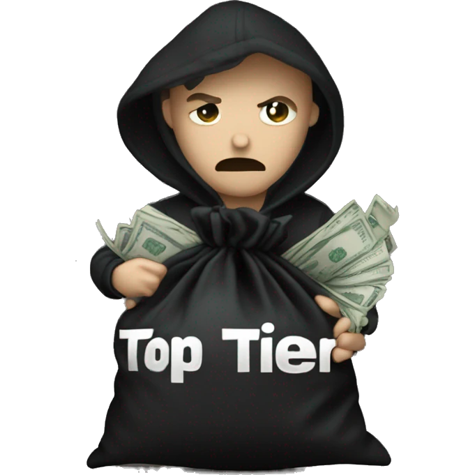 Thief wearing all black clothes actively stealing a money bag with the words Top Tier embroidered on it emoji