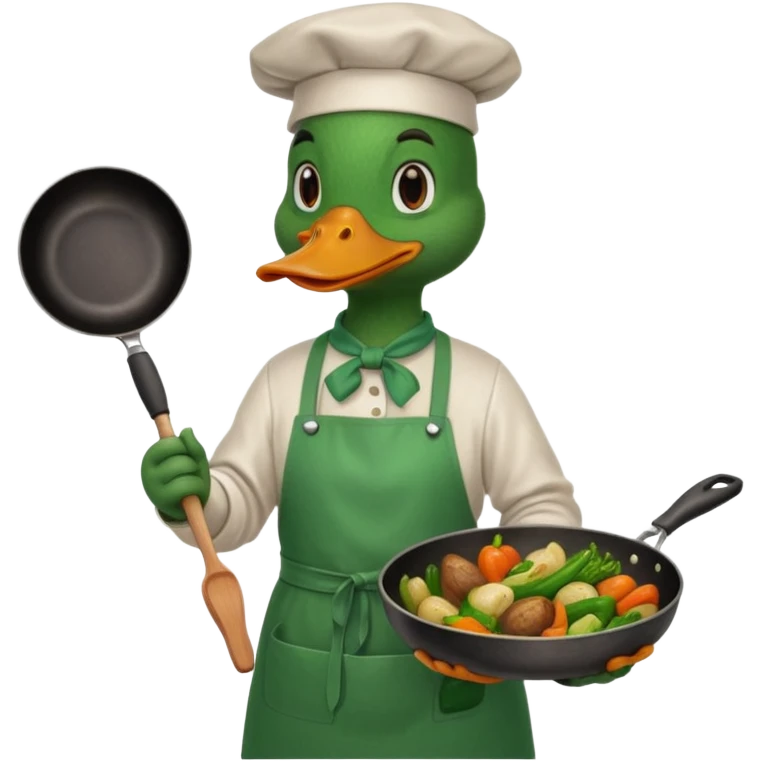A duck holding a frying pan with sizzling vegetables, wearing green apron emoji