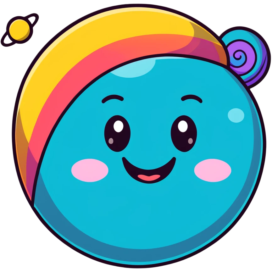 colorful planet with rainbow swirls and patterns and a happy grinning face emoji