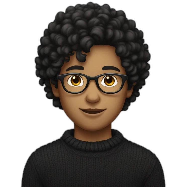 boy with curly black hair, glasses, black sweater and fair complexion emoji