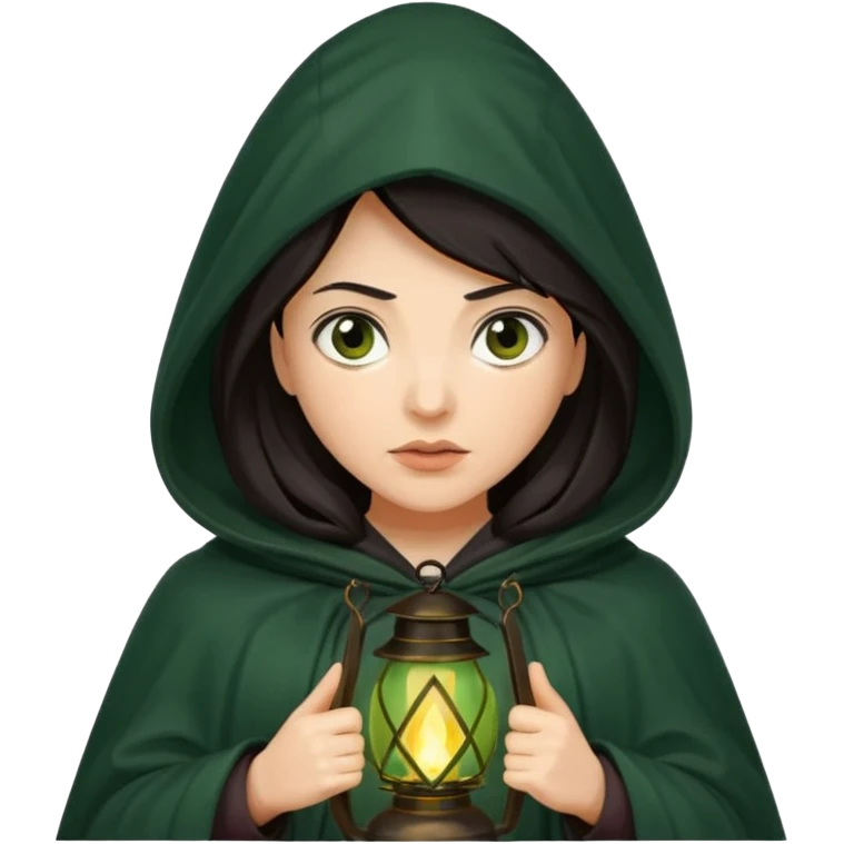 traitor tv show, dark haired woman wearing dark green cloak with hood up who looks very evil, is holding up a lantern, and is tilting her head down emoji